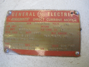 MOTOR, ELECTRIC TYPE, 15 HORSEPOWER, 240VDC ELEC RATING, 1150/2000 RPM, 54 AMPS, TENV ENCLOSURE, CONTINUOUS DUTY, 1-7/8" SHAFT. PART # 5CD174TA817A801 (W-44) LOADING & HANDLING FEE $15-
